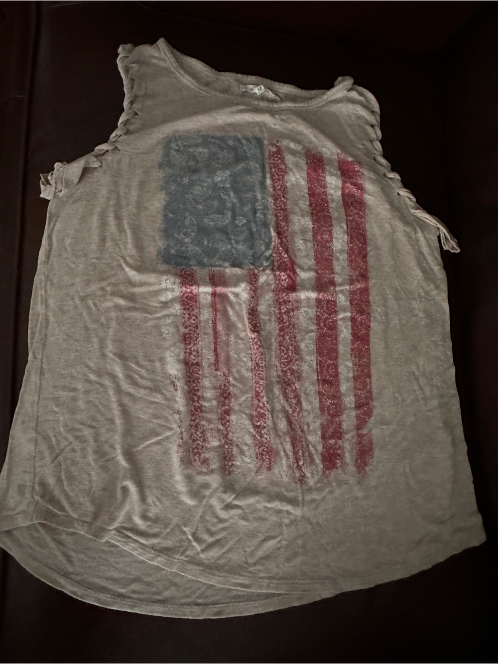 Maurices Womens Tank Top American Flag Distressed Lace Shoulder Tan M
